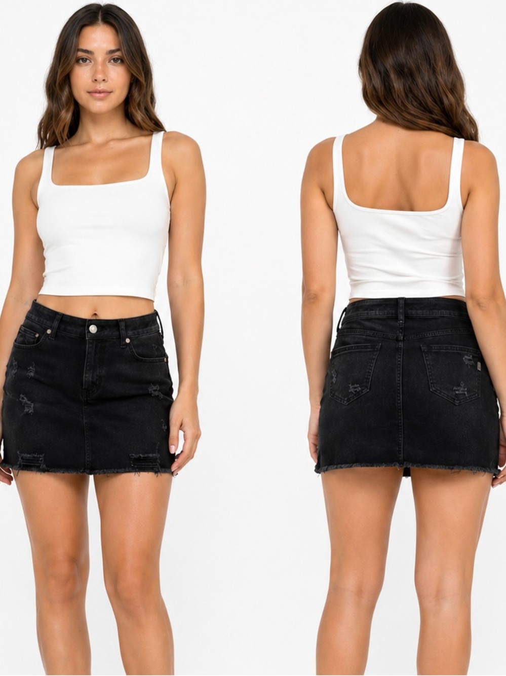 1822 DENIM 16” Distressed Black Ripped Jean Mini Skirt